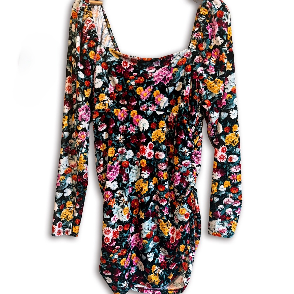 Womens Floral Velvet Mini Dress XXL Long Sleeve Ruched Bodycon Wild Fable